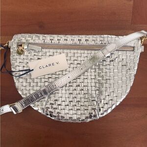 Clare V Grande Fanny Metallic Silver Woven Crossbody Bag (RARE)